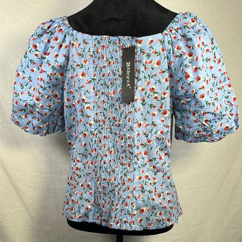 Allegra K Blue Floral Short Sleeve SZ L Top CottageCore CoquetteGirl Feminine - Picture 6 of 9